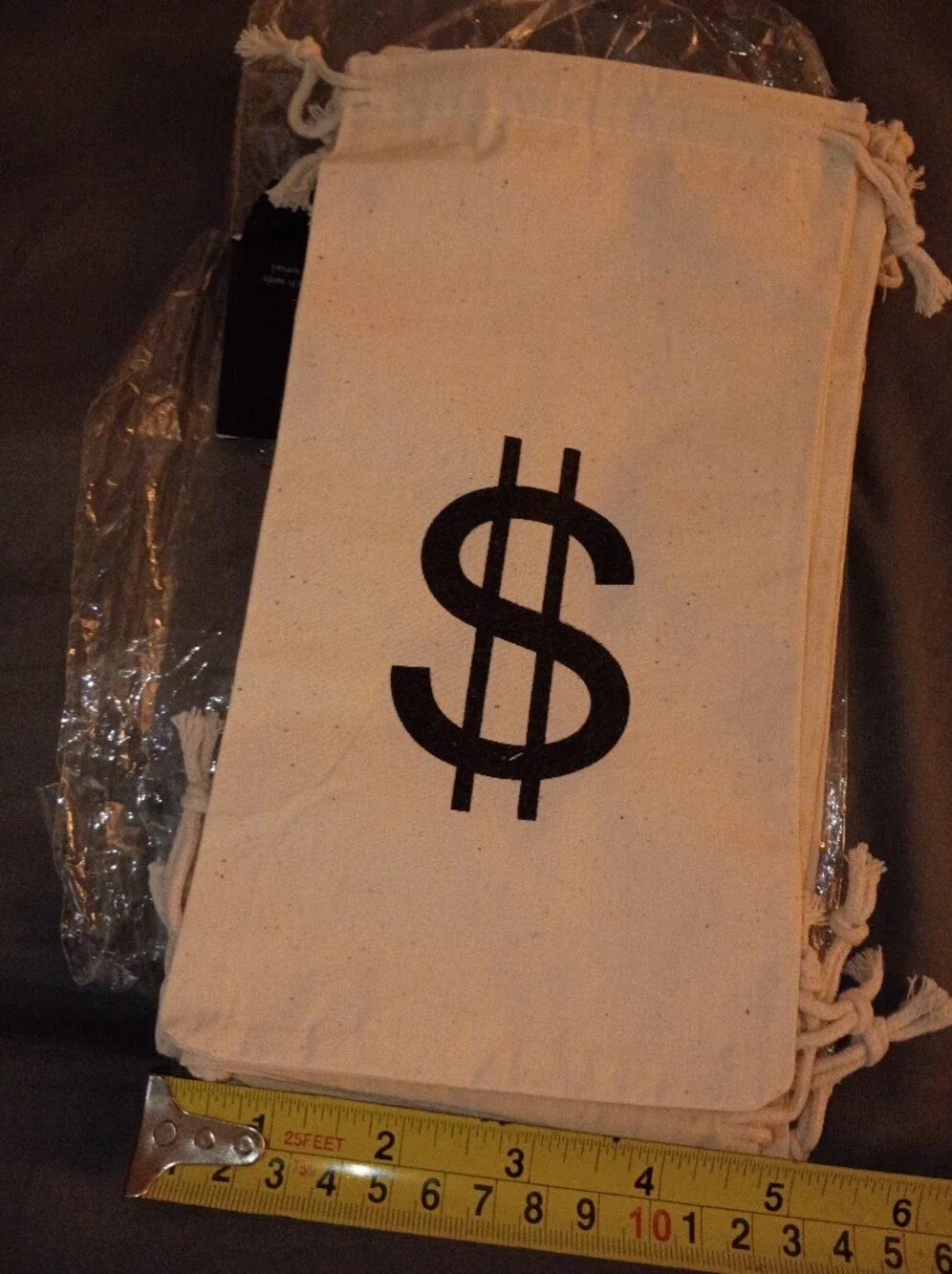 Canvas Drawstring Money Bag - Natural with Black Dollar Print